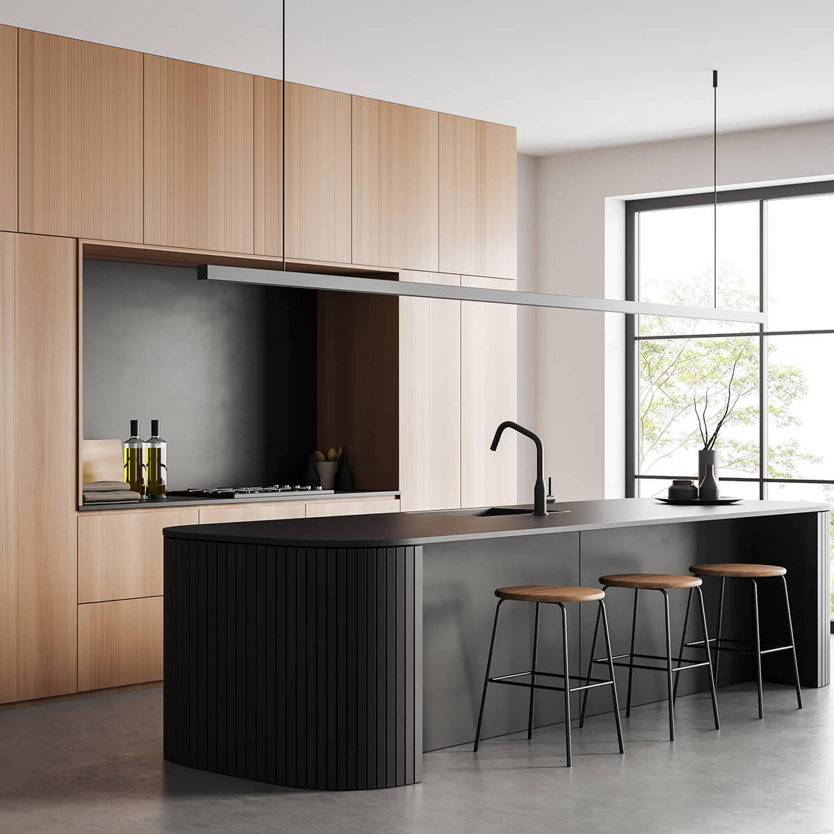Modern kitchen for a Home Hero Slider: wooden cabinets, black island, bar stools, tree view.